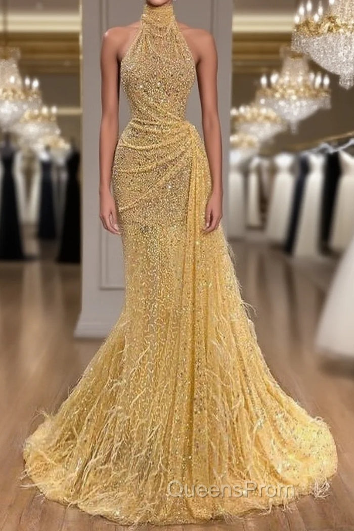 Yellow Evening Dress Long High Neck Sparkly Feather Luxury Bling Evening Gown Formal Evening Prom Dress