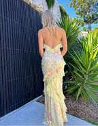 Yellow Fashion Elegant Layered Tulle Long Ball Gown Backless Mermaid Slim Fit Classy Evening Gown Party Dress