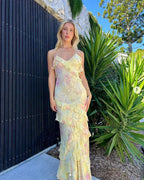 Yellow Fashion Elegant Layered Tulle Long Ball Gown Backless Mermaid Slim Fit Classy Evening Gown Party Dress