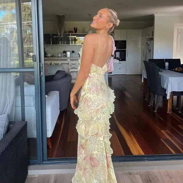 Yellow Fashion Elegant Layered Tulle Long Ball Gown Backless Mermaid Slim Fit Classy Evening Gown Party Dress