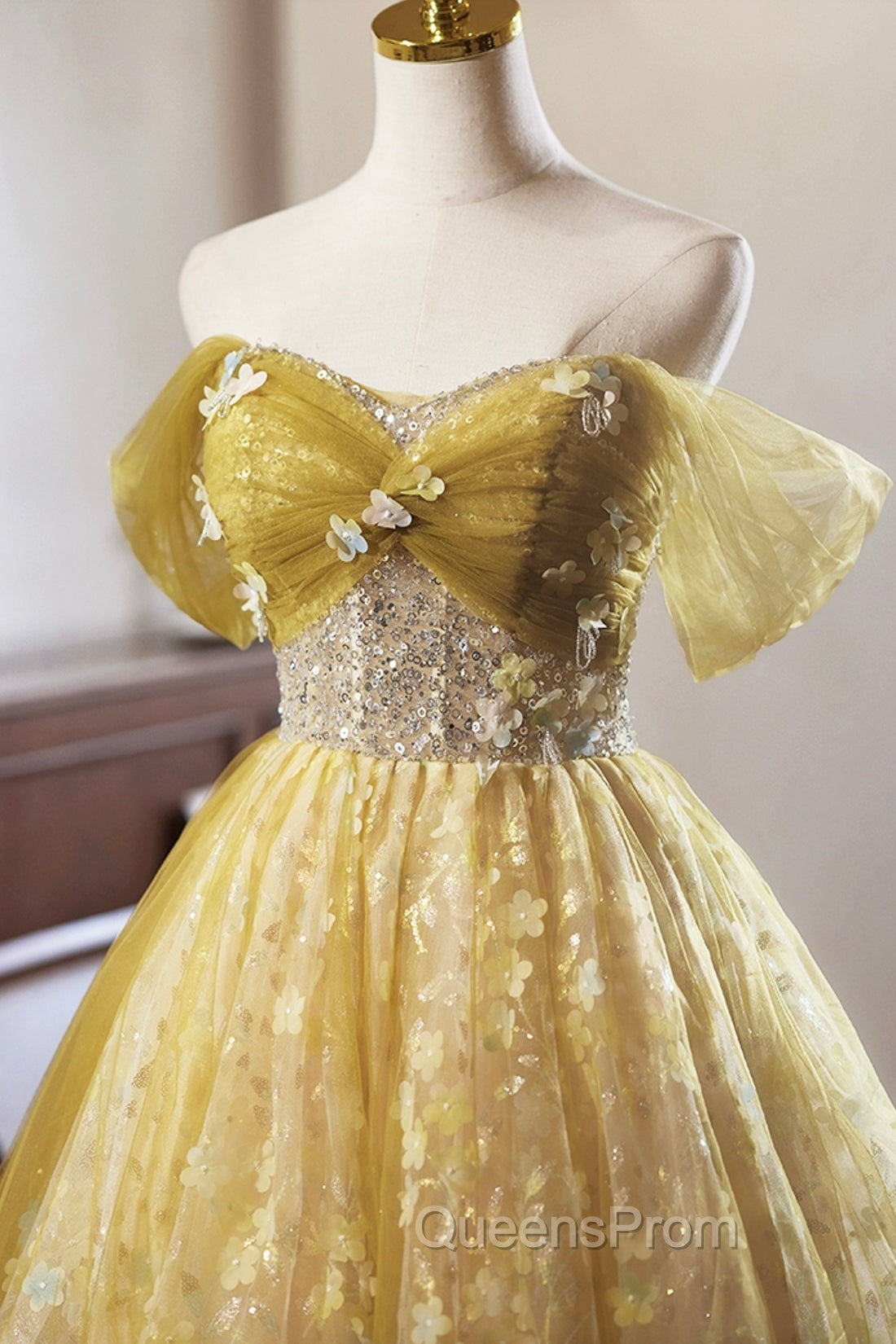 Yellow Floral Tulle Knee Length Evening Prom Dress, Lovely A-Line Evening Party Dress Secondary image