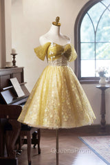 Yellow Floral Tulle Knee Length Evening Prom Dress, Lovely A-Line Evening Party Dress