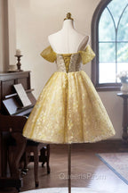 Yellow Floral Tulle Knee Length Evening Prom Dress, Lovely A-Line Evening Party Dress