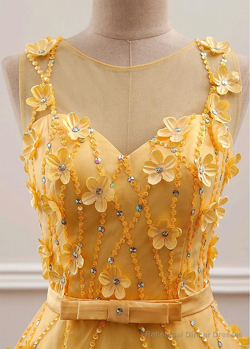 Yellow Flowers Tulle Long New Prom Dress, A-line Party Dress Secondary image