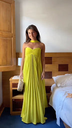 Yellow Green Fashion Simple Elegant Tube Top Off Shoulder Long Chiffon Ball Gown Party Dress Classy Evening Dress With Scarf