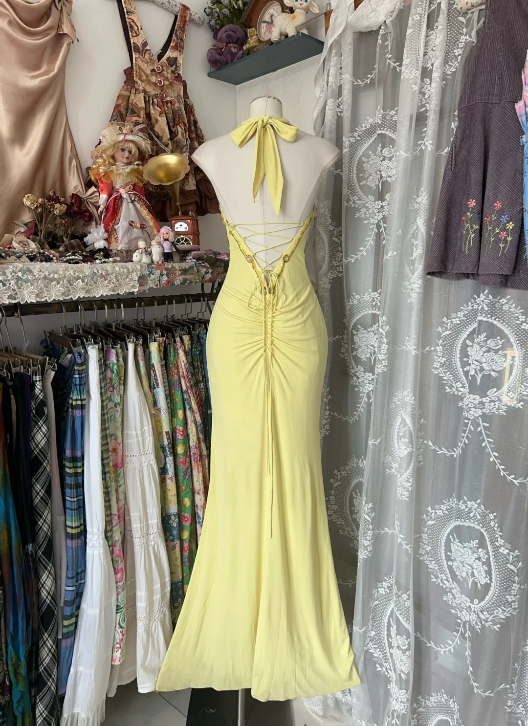 Yellow Halter Sweetheart Mermaid Vintage Long Party Dress Classy Evening Dress