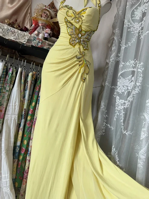Yellow Halter Sweetheart Mermaid Vintage Long Party Dress Classy Evening Dress