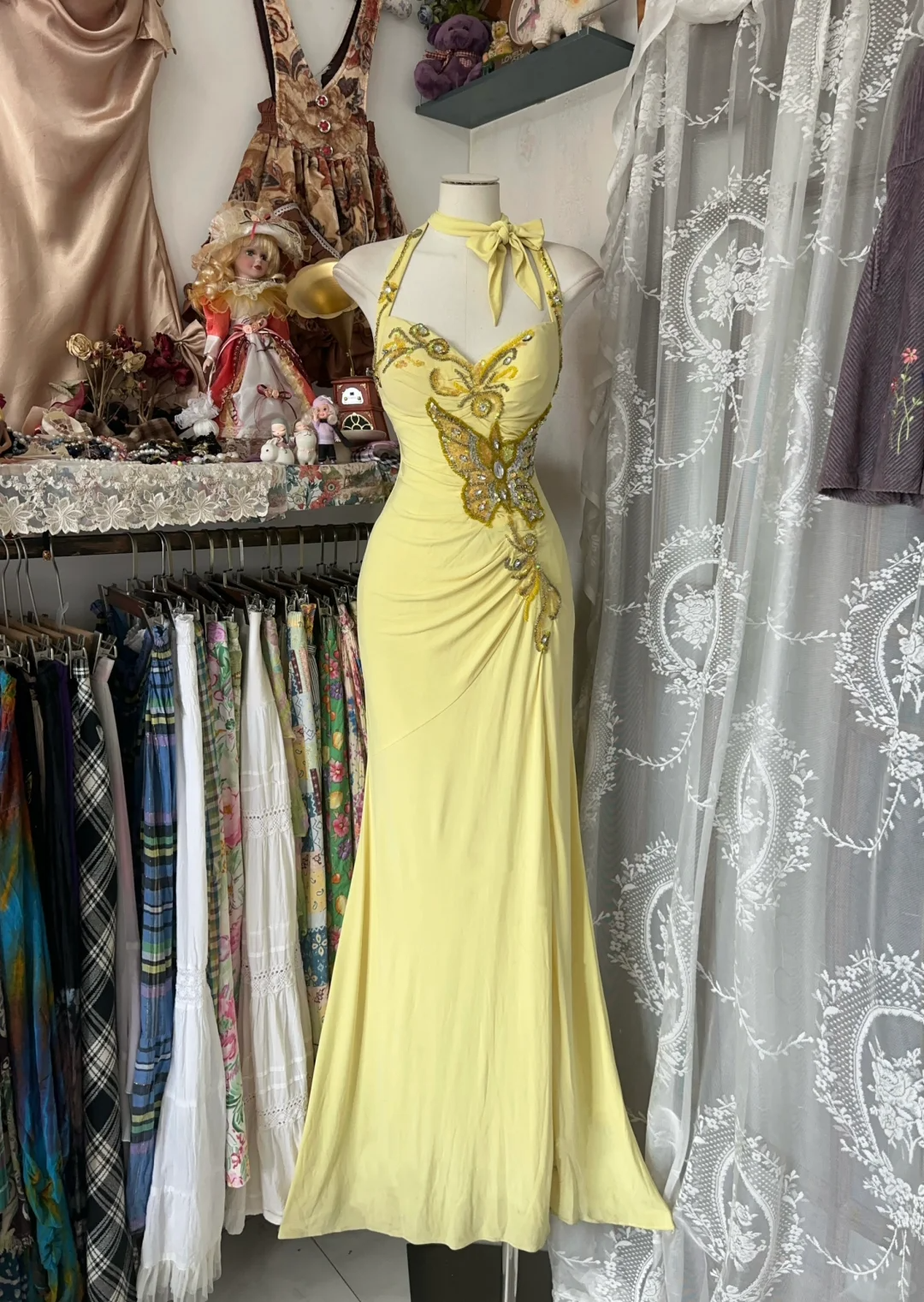 Yellow Halter Sweetheart Mermaid Vintage Long Party Dress Classy Evening Dress