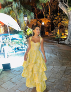 Yellow Layered Satin Long A Line Classy Prom Dress
