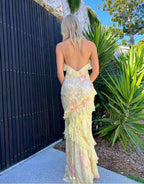 Yellow Fashion Elegant Layered Tulle Long Ball Gown Backless Mermaid Slim Fit Evening Gown Party Dress