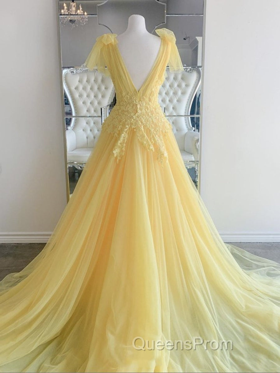 Yellow Long A-line V Neck Lace Tulle Backless Formal Graduation Evening Prom Dress Secondary image