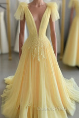 Yellow Long A-line V Neck Lace Tulle Backless Formal Graduation Evening Prom Dress