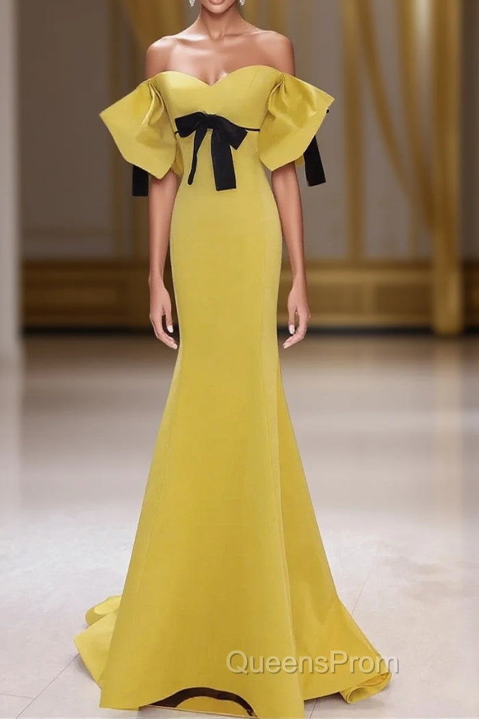 Yellow Mermaid Sweetheart Evening Prom Dress, Off Shoulder Yellow Evening Dress