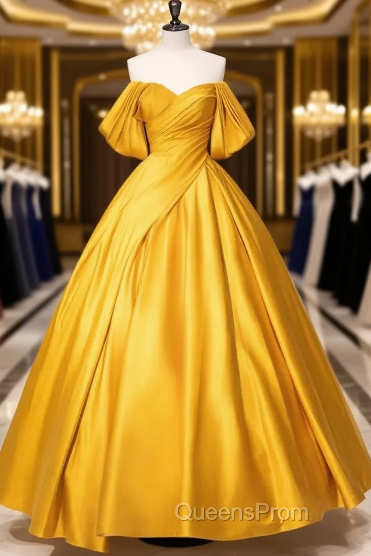 Yellow Off Shoulder Satin Long Evening Prom Dress Quinceanera Dress Main image