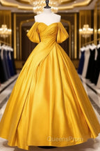 Yellow Off Shoulder Satin Long Evening Prom Dress Quinceanera Dress