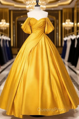 Yellow Off Shoulder Satin Long Evening Prom Dress Quinceanera Dress