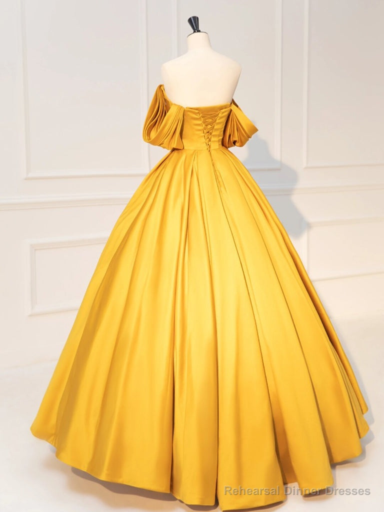 Yellow Off Shoulder Satin Long Prom Dress, Yellow Long Evening Dress Secondary image