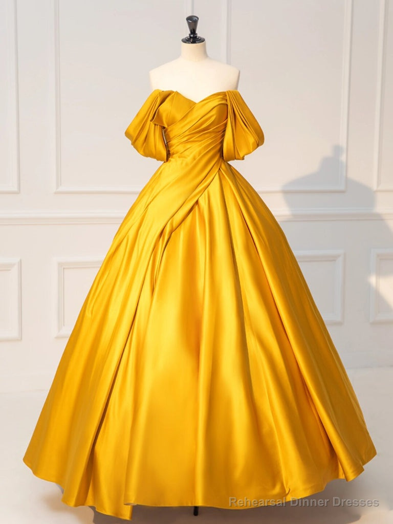 Yellow Off Shoulder Satin Long Prom Dress, Yellow Long Evening Dress Main image