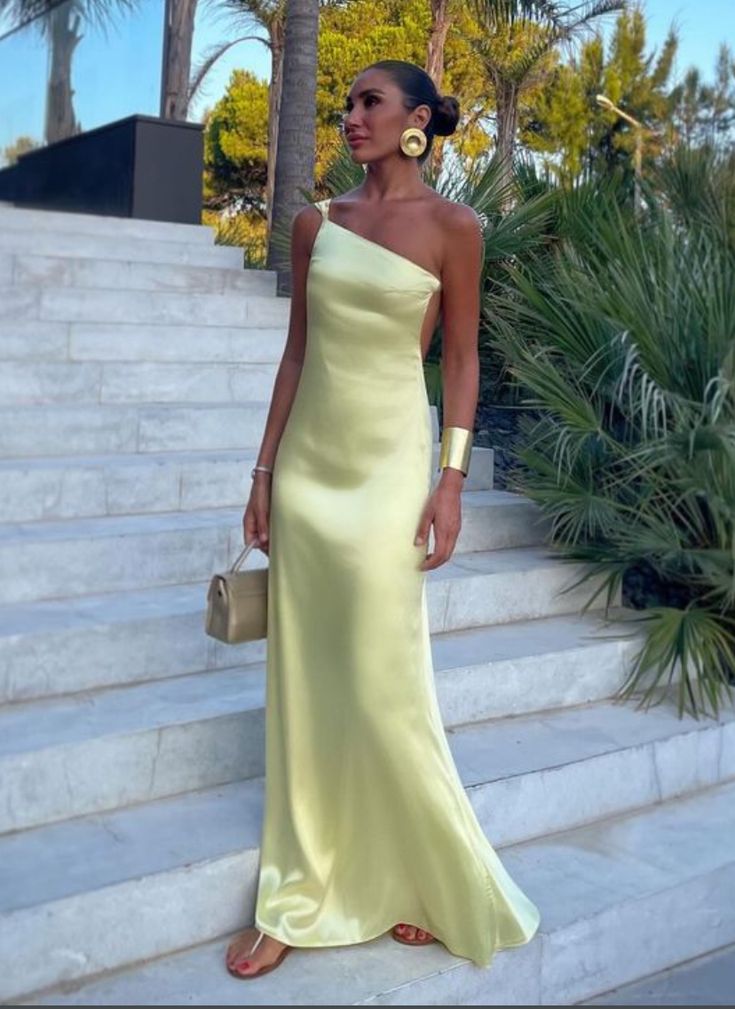 Yellow One Shoulder Classy Prom Dress, Classy Evening Dress, Floor Length Party Gowns