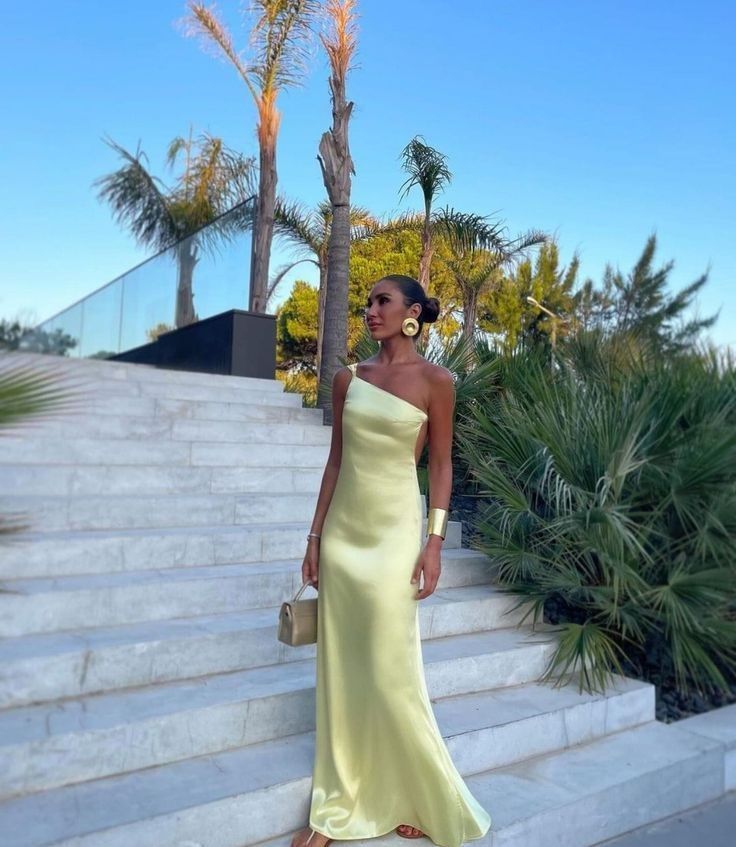 Yellow One Shoulder Classy Prom Dress, Classy Evening Dress, Floor Length Party Gowns Main image