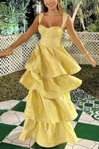 Yellow Printing A-Line Tiered Sleeveless Long Classy Prom Classy Dress
