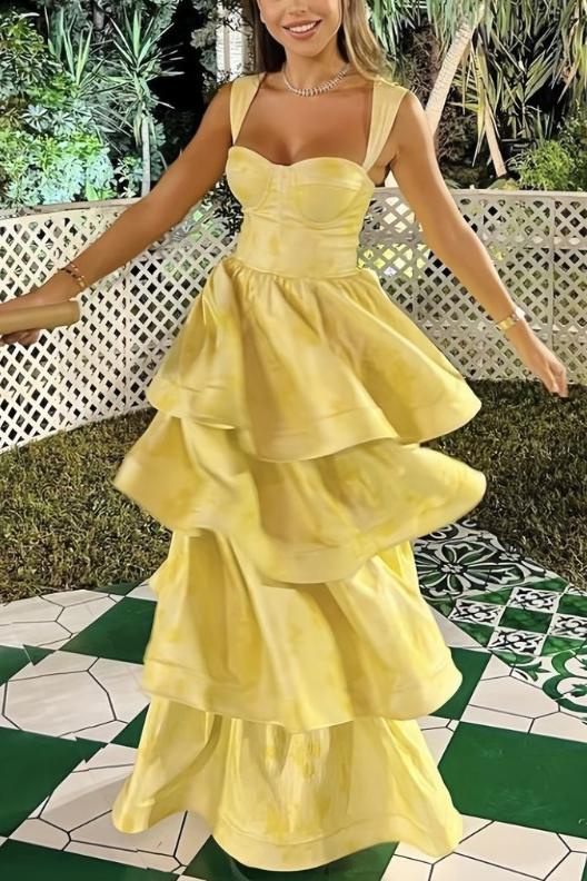 Yellow Printing A-Line Tiered Sleeveless Long Classy Prom Classy Dress