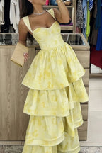 Yellow Printing A-Line Tiered Sleeveless Long Classy Prom Classy Dress