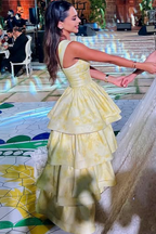 Yellow Printing A-Line Tiered Sleeveless Long Classy Prom Classy Dress