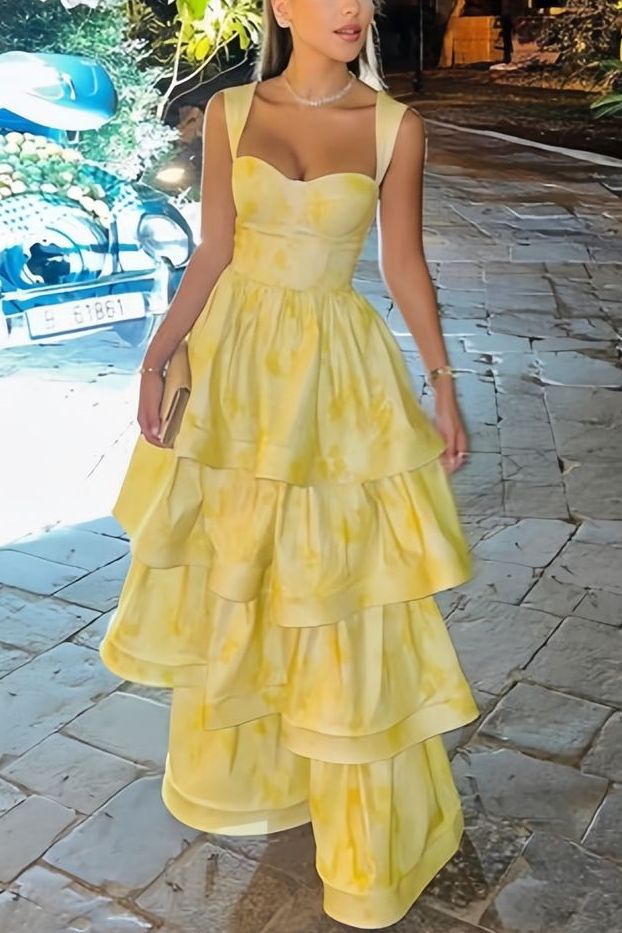 Yellow Printing A-Line Tiered Sleeveless Long Classy Prom Classy Dress Main image