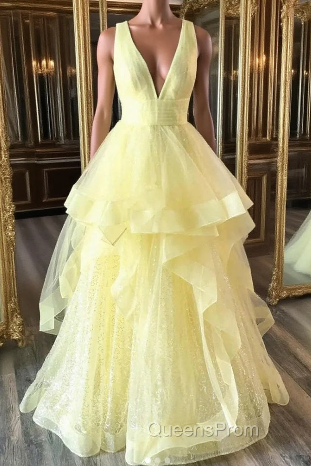 Yellow Evening Prom Dress A Line Deep V Neck Light Long Party Evening Dress with Ruffles Main image