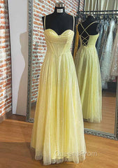 Yellow Evening Prom Dress, A-line Sweetheart Spaghetti Straps Long/Floor-Length Tulle Evening Prom Dress With Pleated Glitter