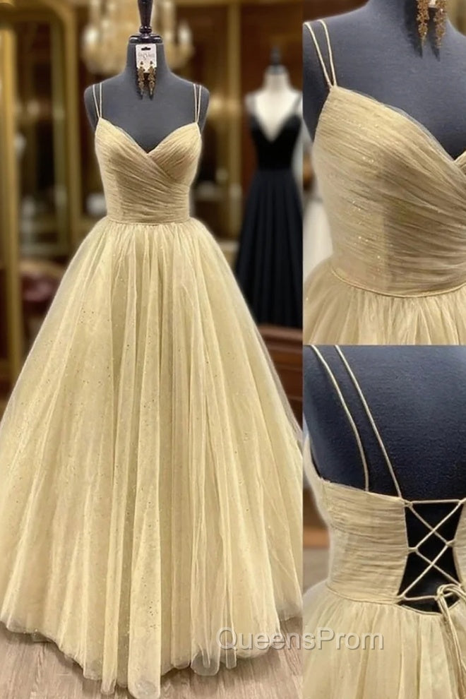 Yellow Evening Prom Dress, V Neck Sleeveless Long/Floor-Length Tulle Ball Gown With Pleated Sequins Main image