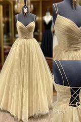 Yellow Evening Prom Dress, V Neck Sleeveless Long/Floor-Length Tulle Ball Gown With Pleated Sequins