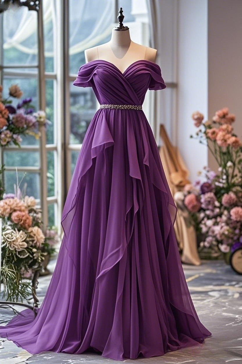 Yellow/Purple A-Line Off-Shoulder Chiffon Long Classy Prom Dress Classy Evening Gown
