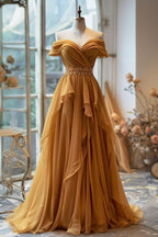 Yellow/Purple A-Line Off-Shoulder Chiffon Long Classy Prom Dress Classy Evening Gown