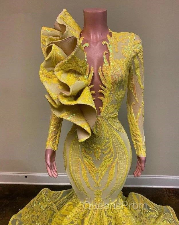 Yellow Robe De Soiree Mermaid Long Sleeves Appliques Sequins Long Evening Prom Dress Evening Prom Gown Evening Dress Secondary image