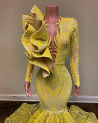 Yellow Robe De Soiree Mermaid Long Sleeves Appliques Sequins Long Evening Prom Dress Evening Prom Gown Evening Dress