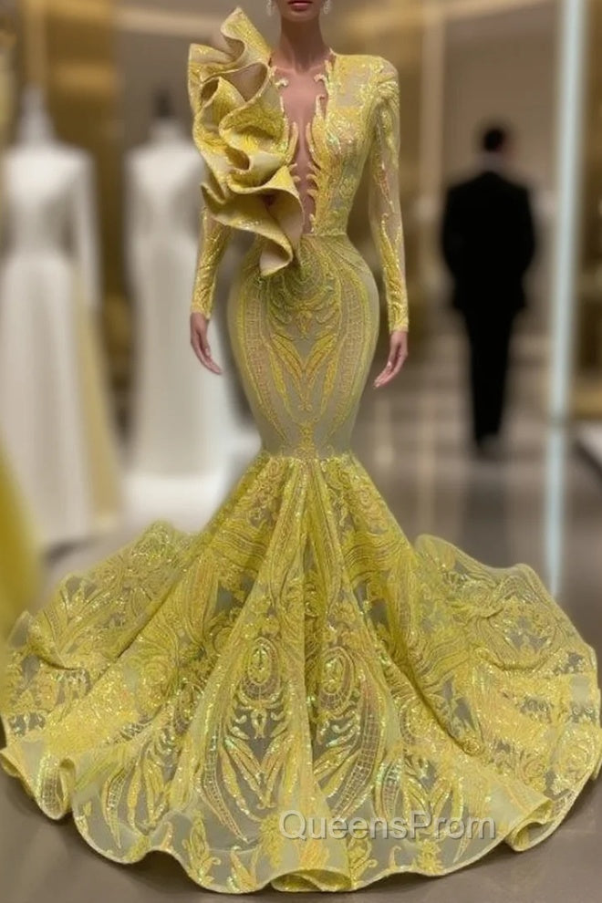 Yellow Robe De Soiree Mermaid Long Sleeves Appliques Sequins Long Evening Prom Dress Evening Prom Gown Evening Dress Main image