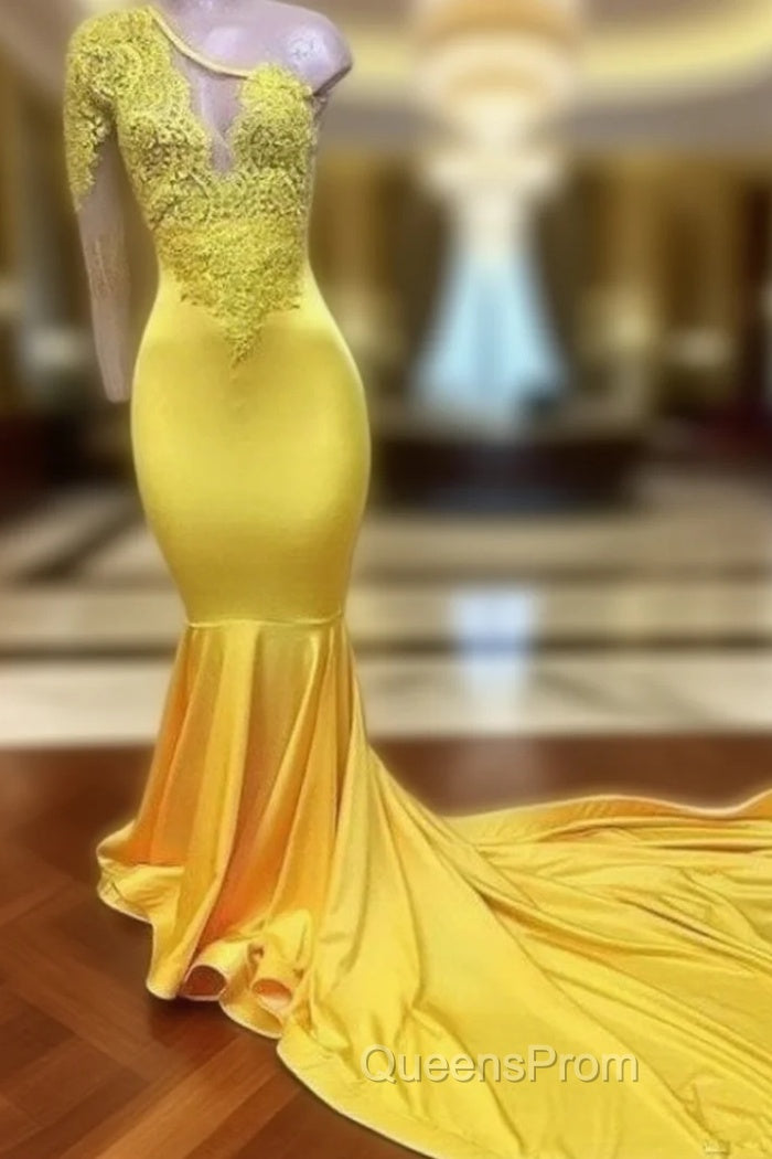 Yellow Robe De Soiree Mermaid One-Shoulder Long Sleeves Lace Beaded Sexy Long Evening Prom Dress Evening Prom Gown Evening Dress Main image