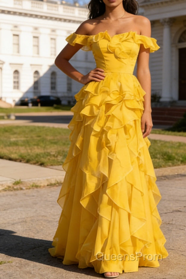 Yellow Ruffled A-Line Square Neck Long Prom Dress