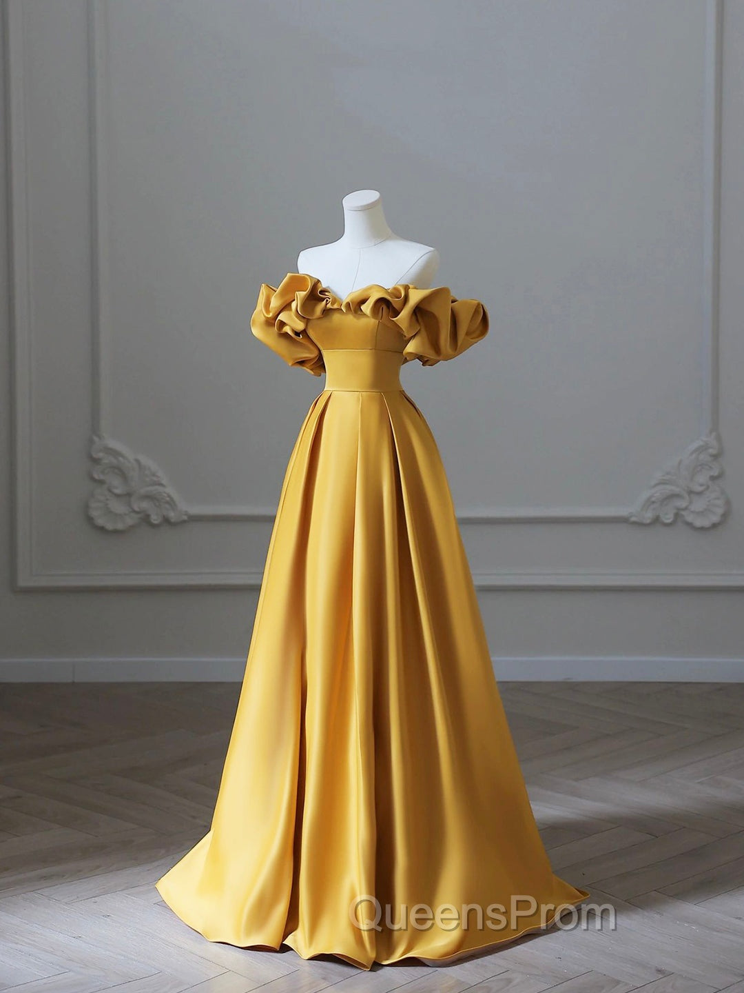 Yellow Saitn Long Evening Prom Dress, Off Shoulder Evening Party Dress