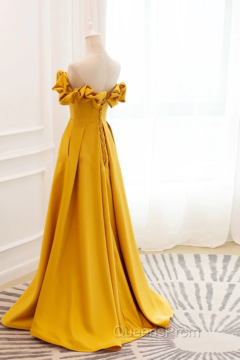 Yellow Satin A-Line Sweetheart Off Shoulder Party Dress, Yellow Long Evening Prom Dress