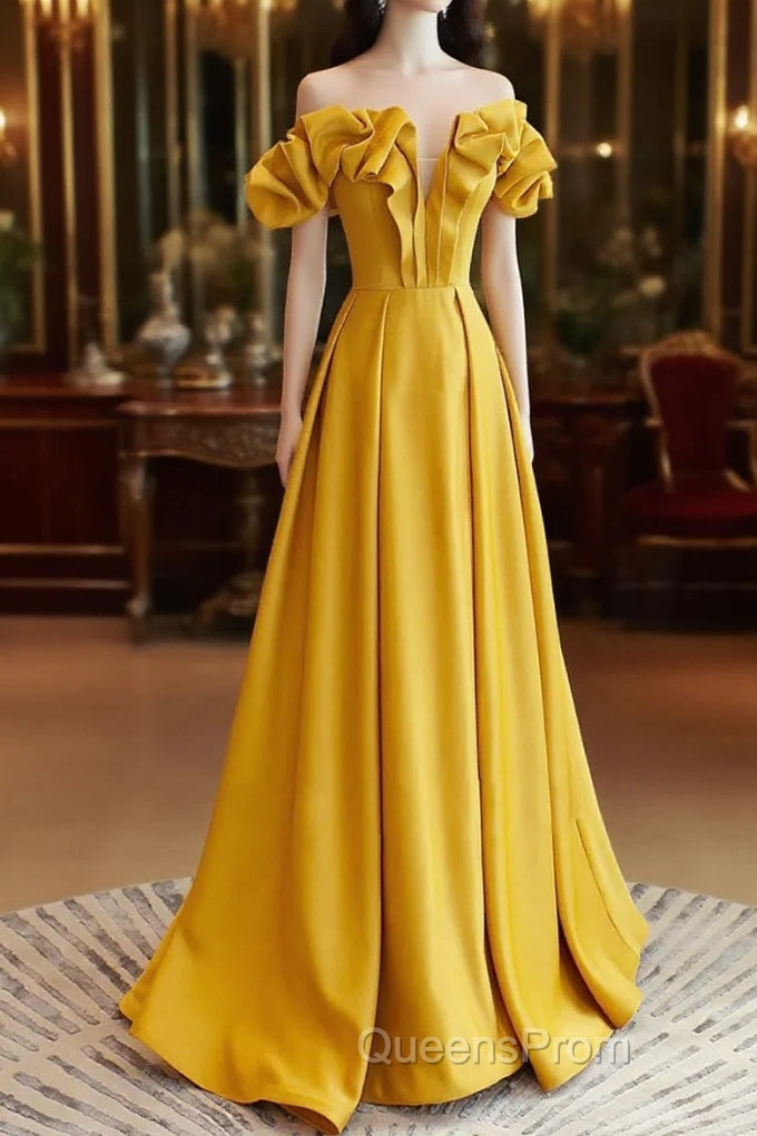 Yellow Satin A-Line Sweetheart Off Shoulder Party Dress, Yellow Long Evening Prom Dress Main image