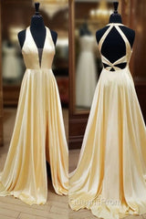 Yellow Satin Halter Backless A Line Evening Prom Dress With Slit