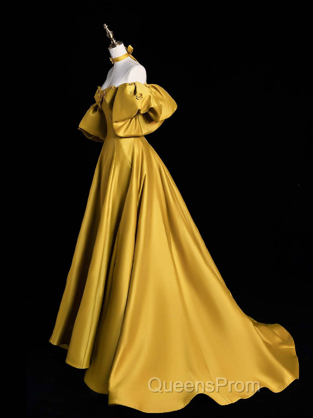 Yellow Satin Long Evening Prom Dress, Off The Shoulder A-Line Evening Party Dress Secondary image