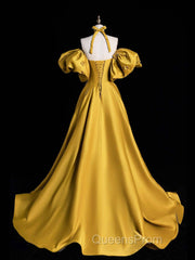 Yellow Satin Long Evening Prom Dress, Off The Shoulder A-Line Evening Party Dress