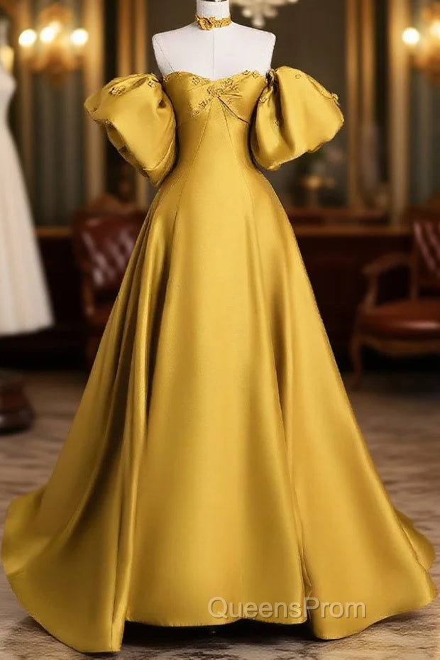 Yellow Satin Long Evening Prom Dress, Off The Shoulder A-Line Evening Party Dress Main image