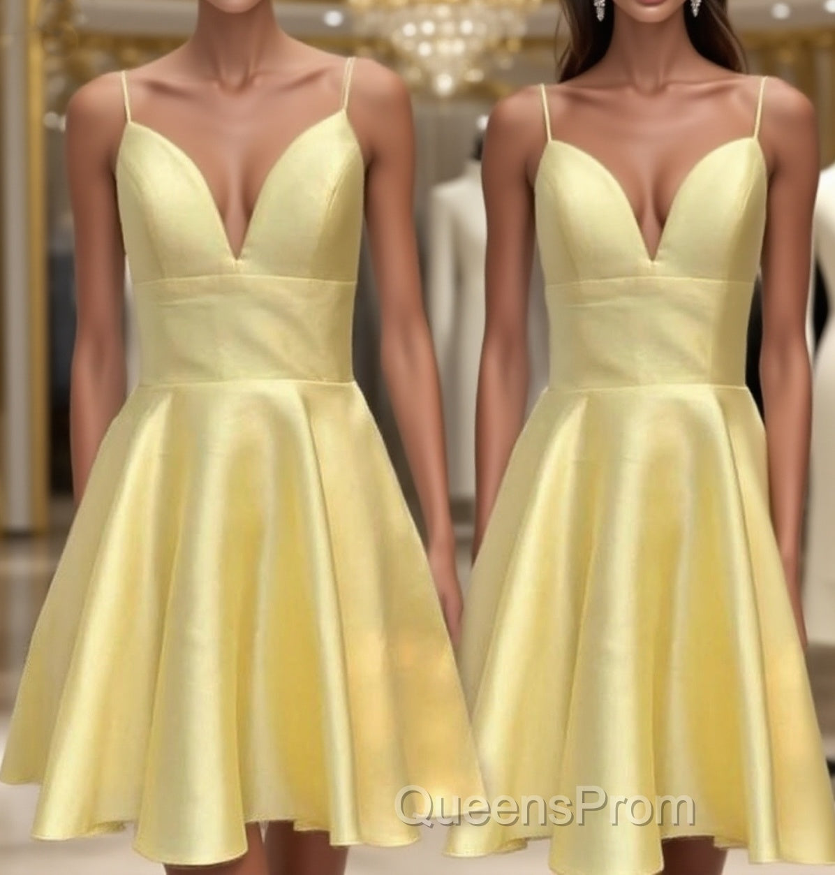 Yellow Satin Short Graduation Evening Prom Dress ,Spaghetti Straps Homecoming Dress Main image