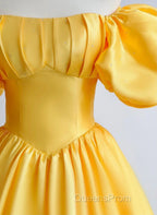 Yellow Satin Short Sleeves Party Dress, Yellow Satin Evening Prom Dress Formal Dress