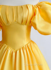 Yellow Satin Short Sleeves Party Dress, Yellow Satin Evening Prom Dress Formal Dress
